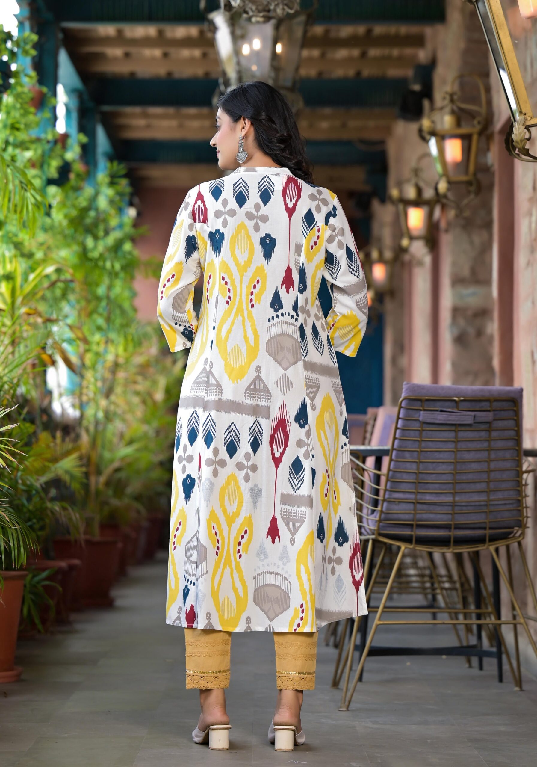 Yellow Ikat Printed Liva Rayon Women Kurta With Button Closure - Image 4