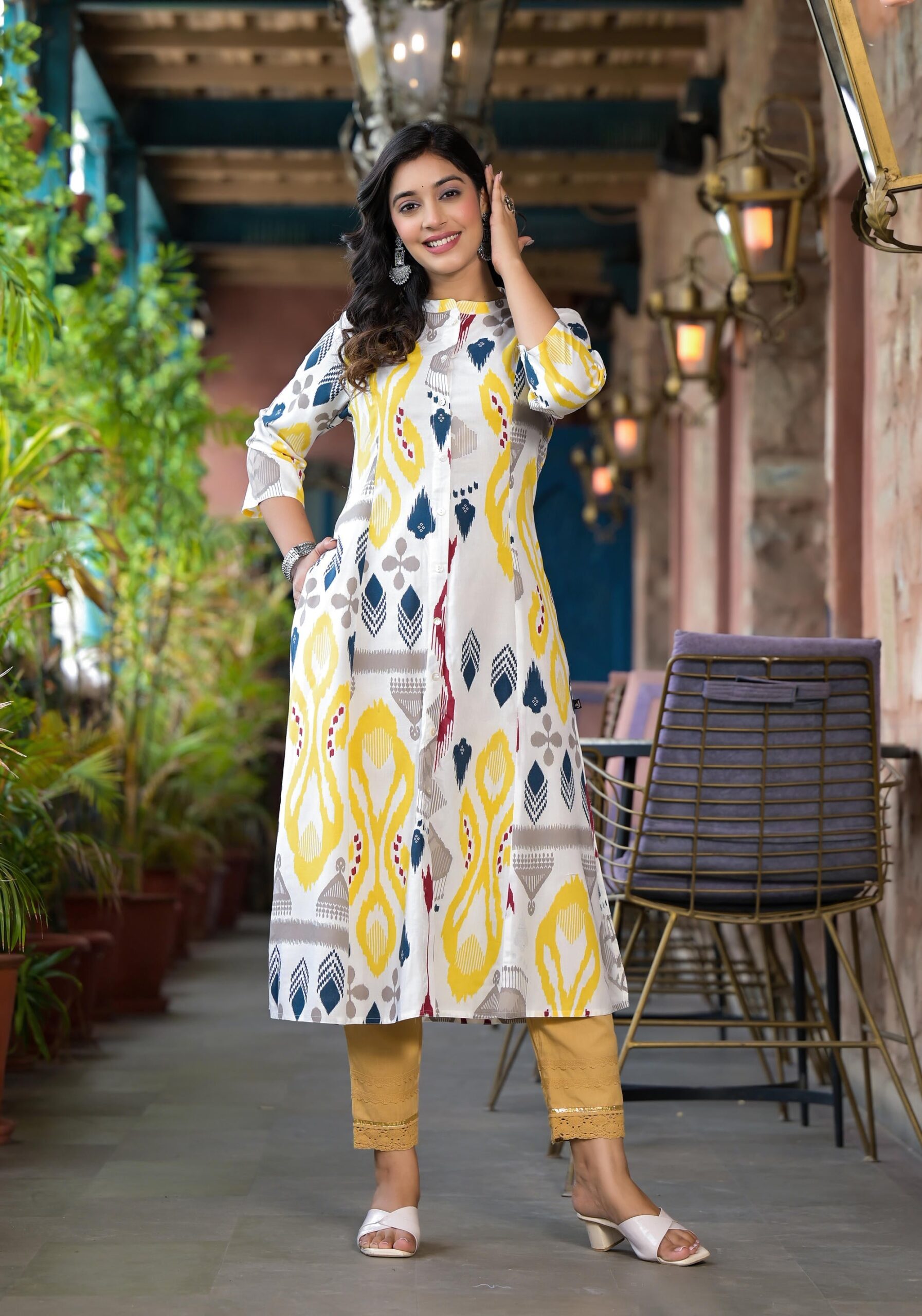 Yellow Ikat Printed Liva Rayon Women Kurta With Button Closure - Image 5