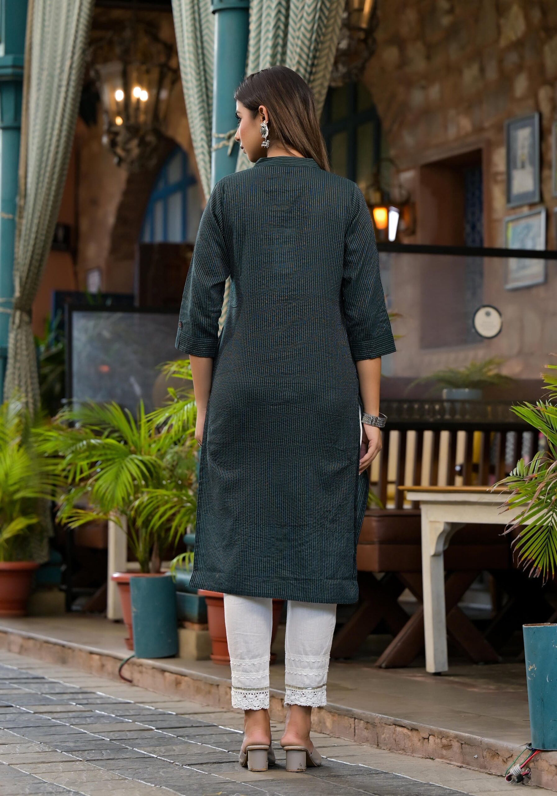 Bottle Green Striped Printed Cotton Kurta With Button Detail - Image 2
