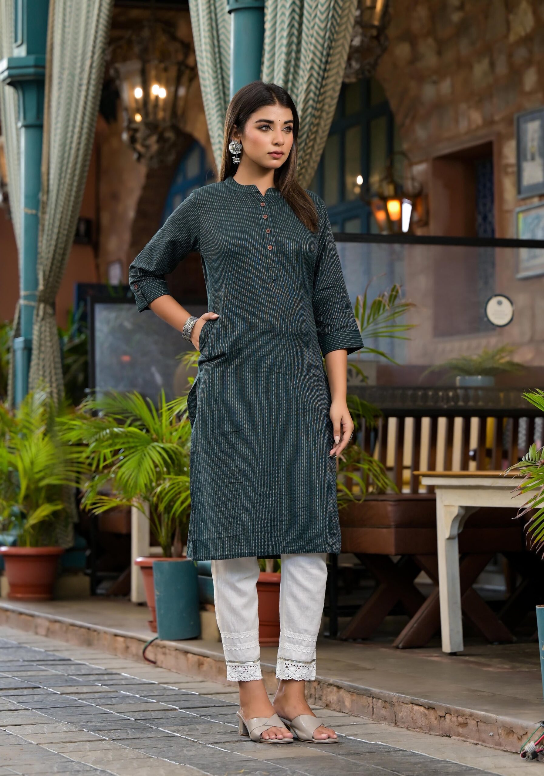 Bottle Green Striped Printed Cotton Kurta With Button Detail - Image 3