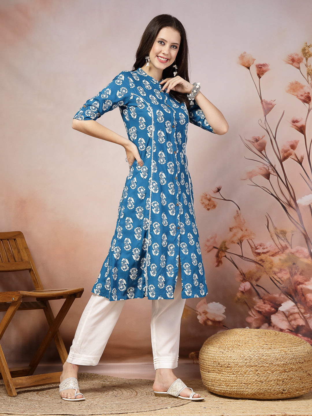 Floral Printed Rayon A-Line Kurta - Image 3