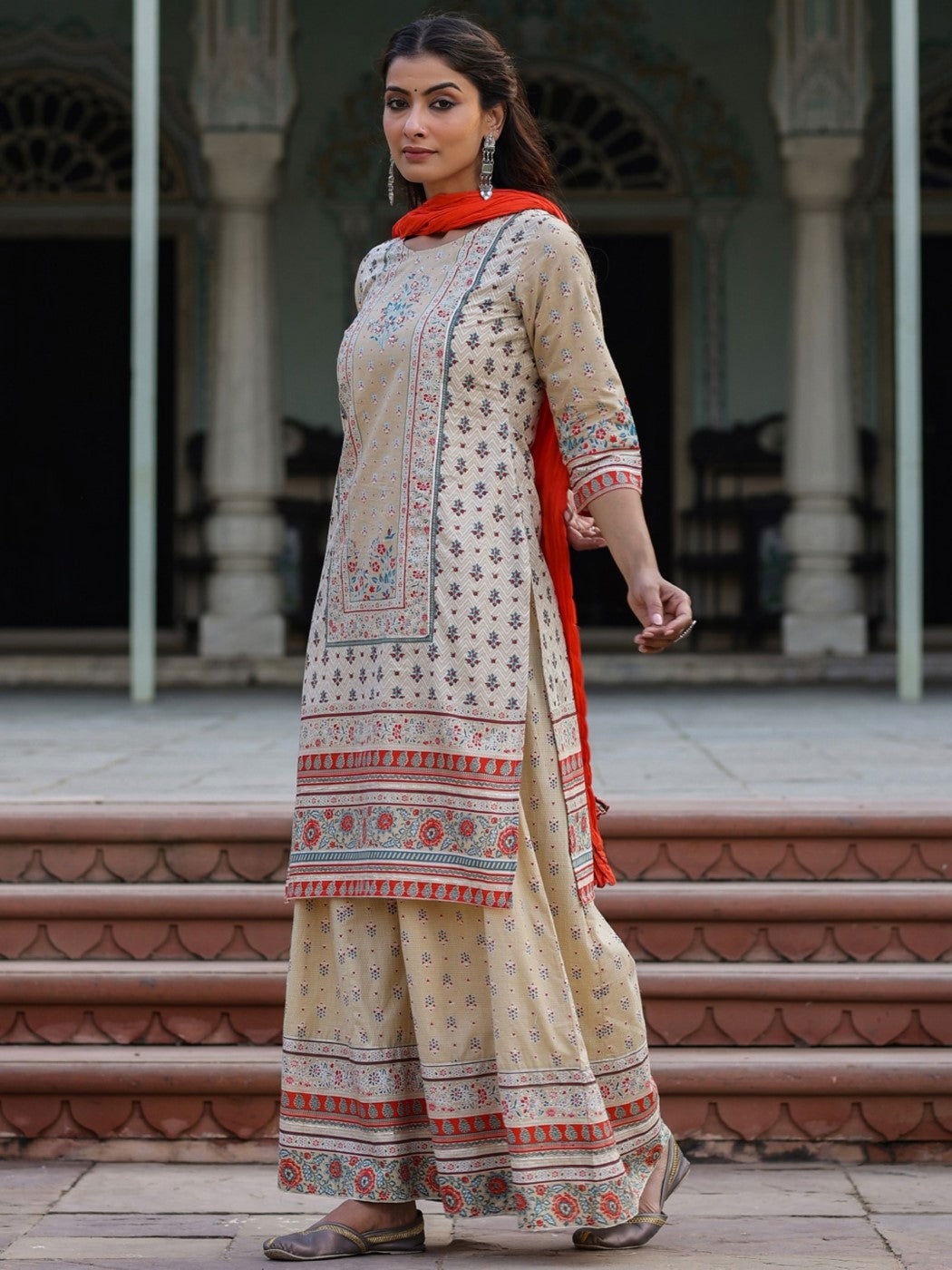 Beige Ethnic Motif Printed Pure Cotton Kurta Sharara & Dupatta Set. - Image 3