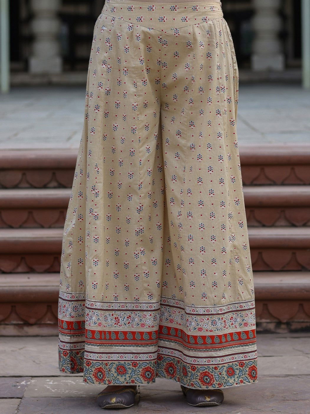 Beige Ethnic Motif Printed Pure Cotton Kurta Sharara & Dupatta Set. - Image 4