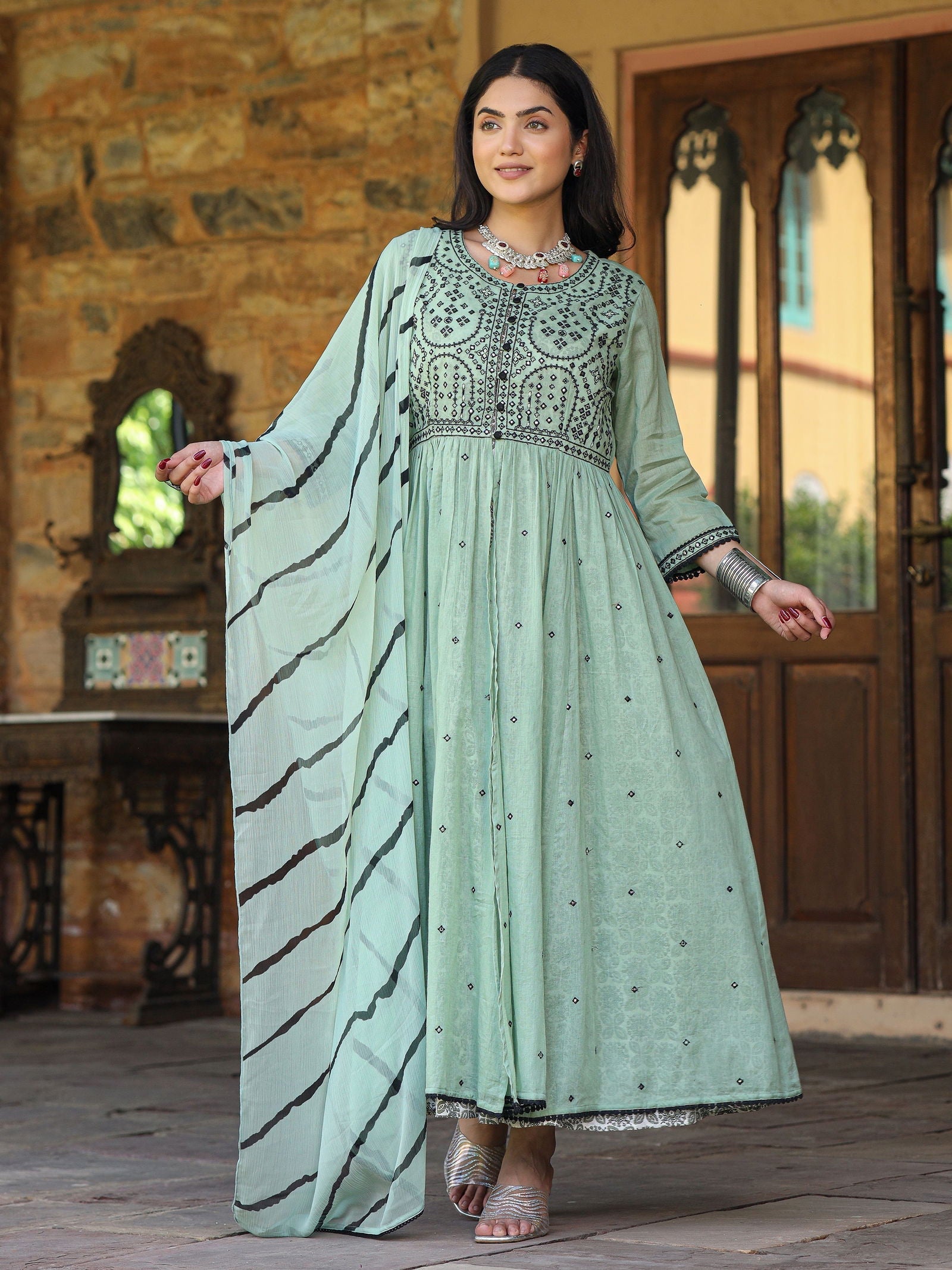 Green & Black Cotton Embroidered Anarkali Dress With Jacket & Tie-Dye Dupatta