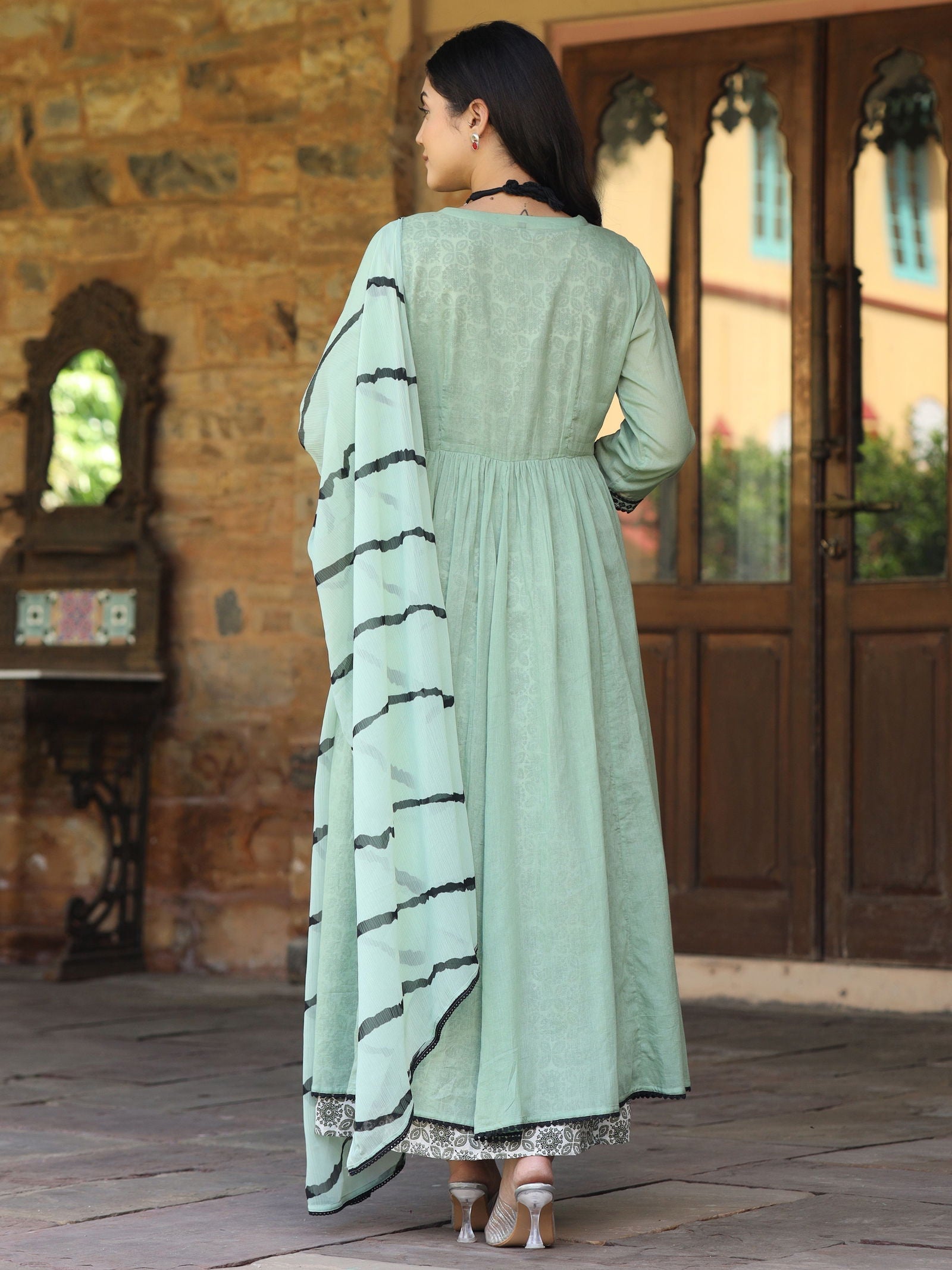 Green & Black Cotton Embroidered Anarkali Dress With Jacket & Tie-Dye Dupatta - Image 3