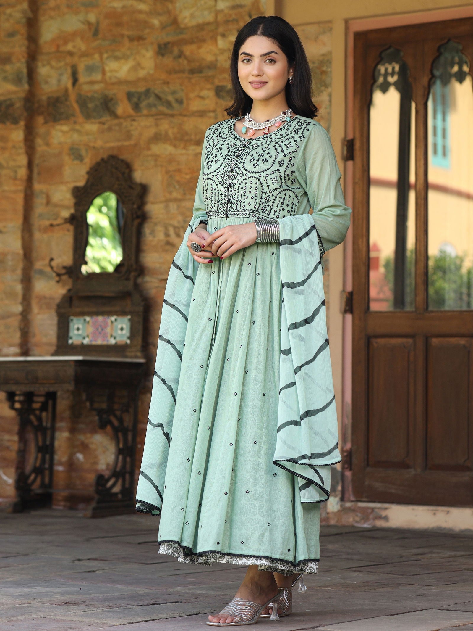 Green & Black Cotton Embroidered Anarkali Dress With Jacket & Tie-Dye Dupatta - Image 4