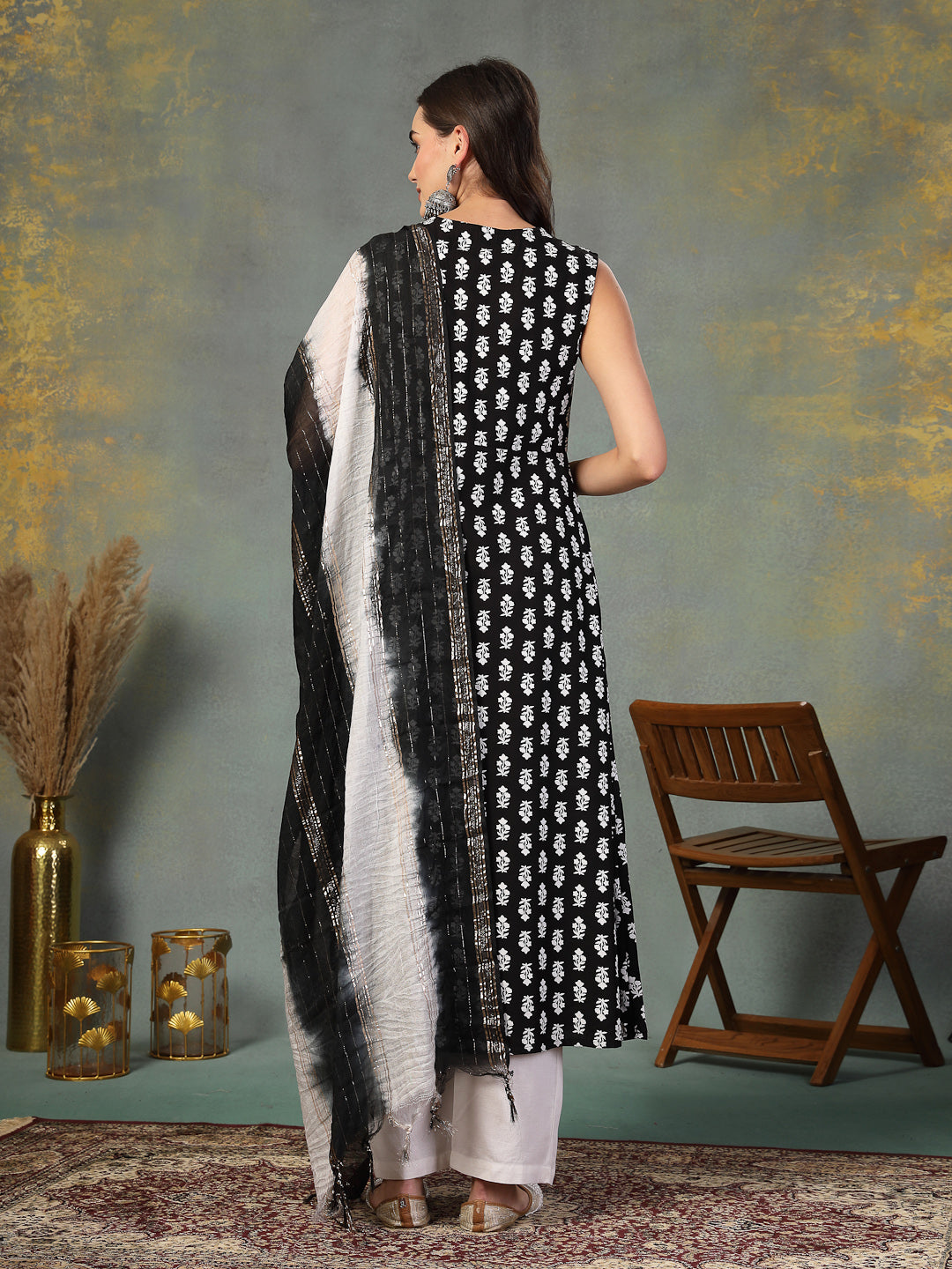 Black Printed & Embroidered Rayon A-Line Kurta Dupatta Set - Image 4