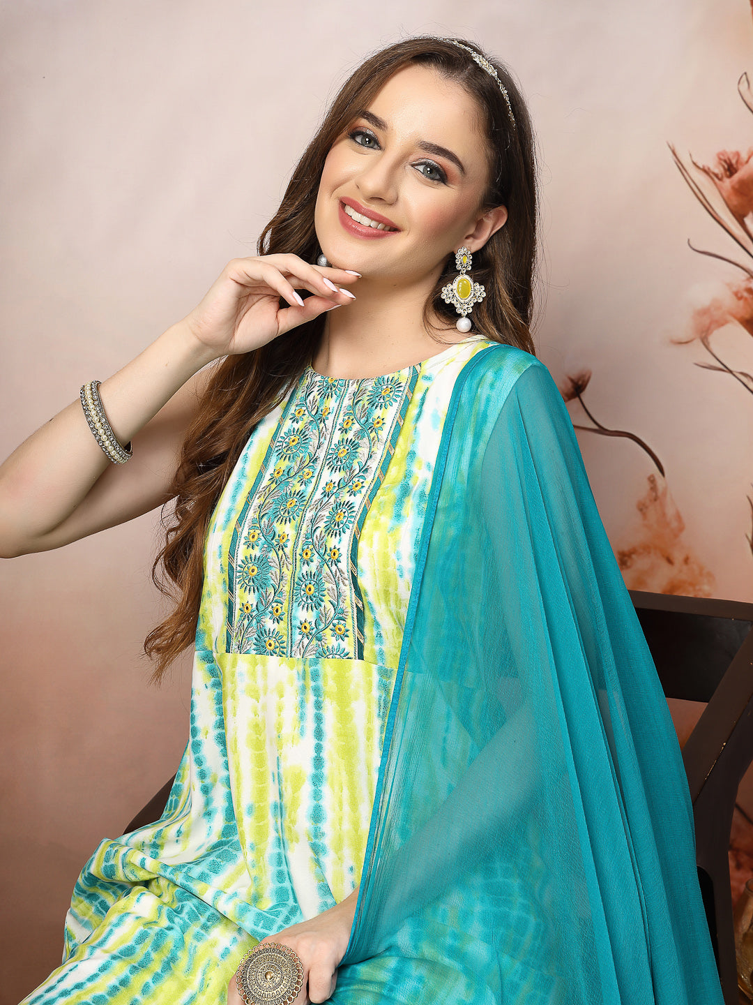 Lime Green Shibori Printed & Embroidered Rayon A-Line Kurta Dupatta Set - Image 5