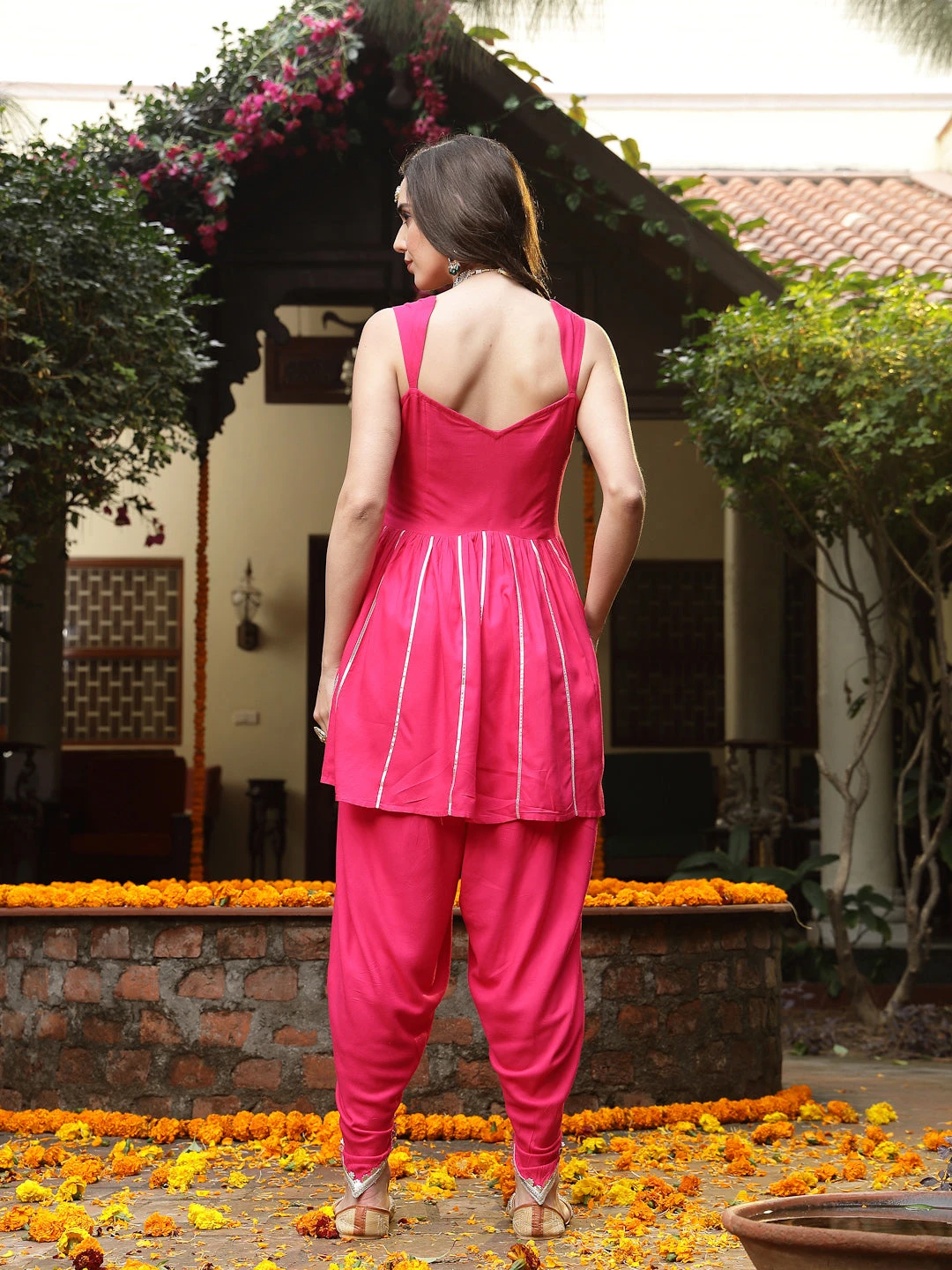 Pink Solid & Embroidered Rayon A-Line Kurti Dhoti Pant Set - Image 4