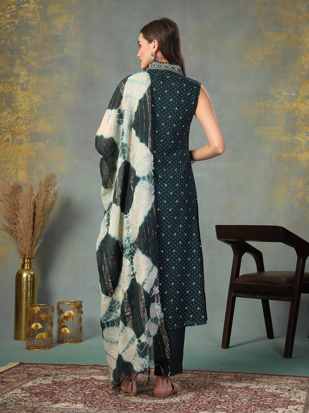 Teal Khari Printed & Embroidered Rayon A-Line Kurta Dupatta Set - Image 4