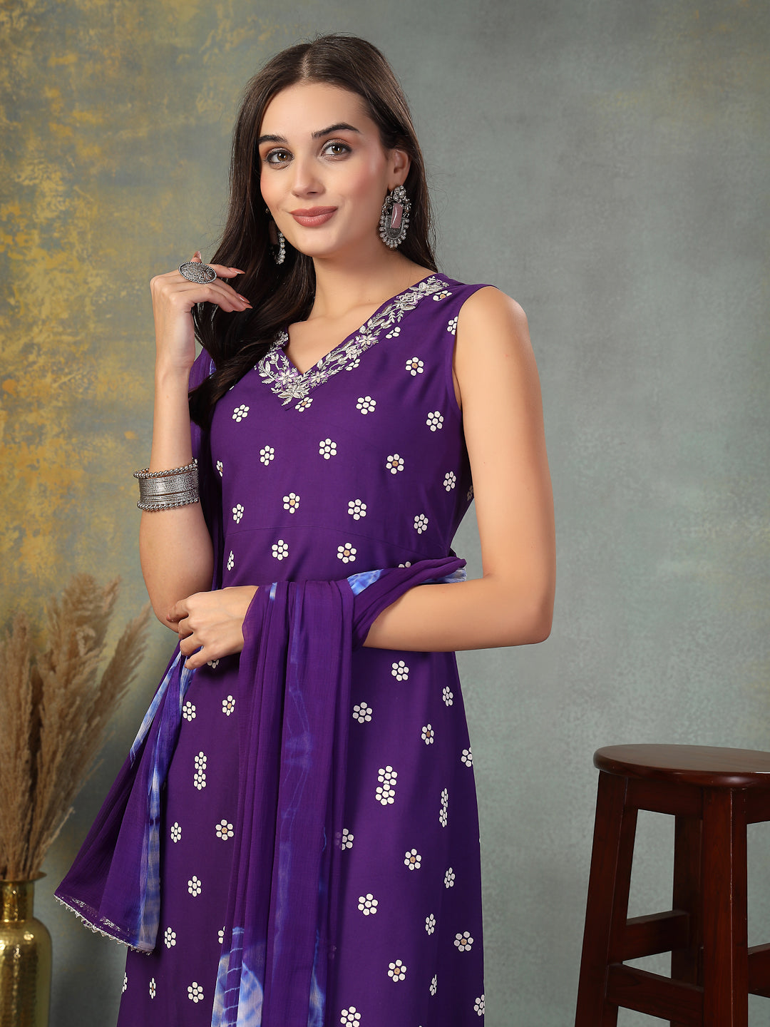 Violet Floral Printed & Embroidered Rayon A-Line Kurta Dupatta Set - Image 2