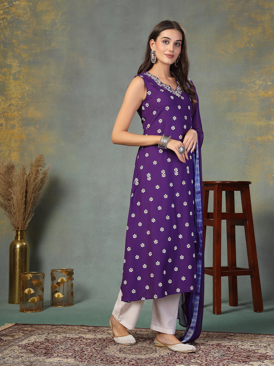 Violet Floral Printed & Embroidered Rayon A-Line Kurta Dupatta Set - Image 3