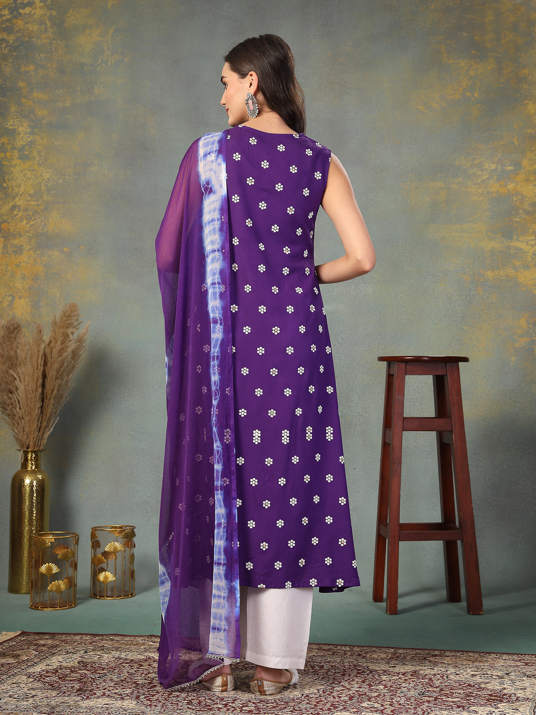Violet Floral Printed & Embroidered Rayon A-Line Kurta Dupatta Set - Image 4