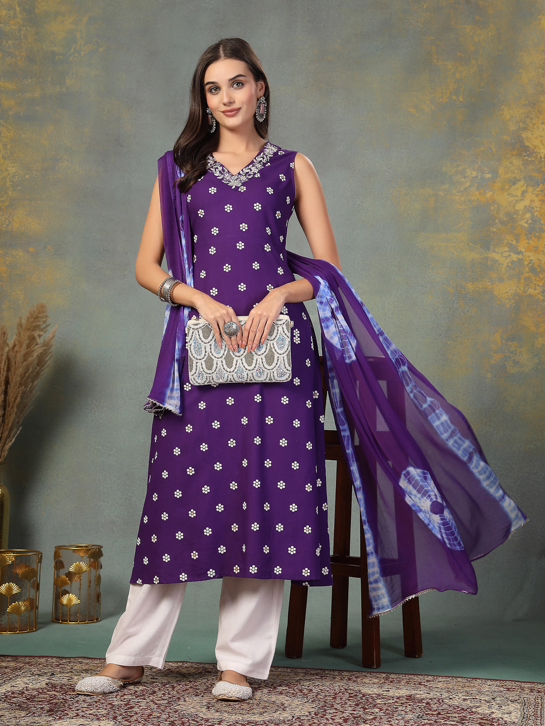 Violet Floral Printed & Embroidered Rayon A-Line Kurta Dupatta Set - Image 5