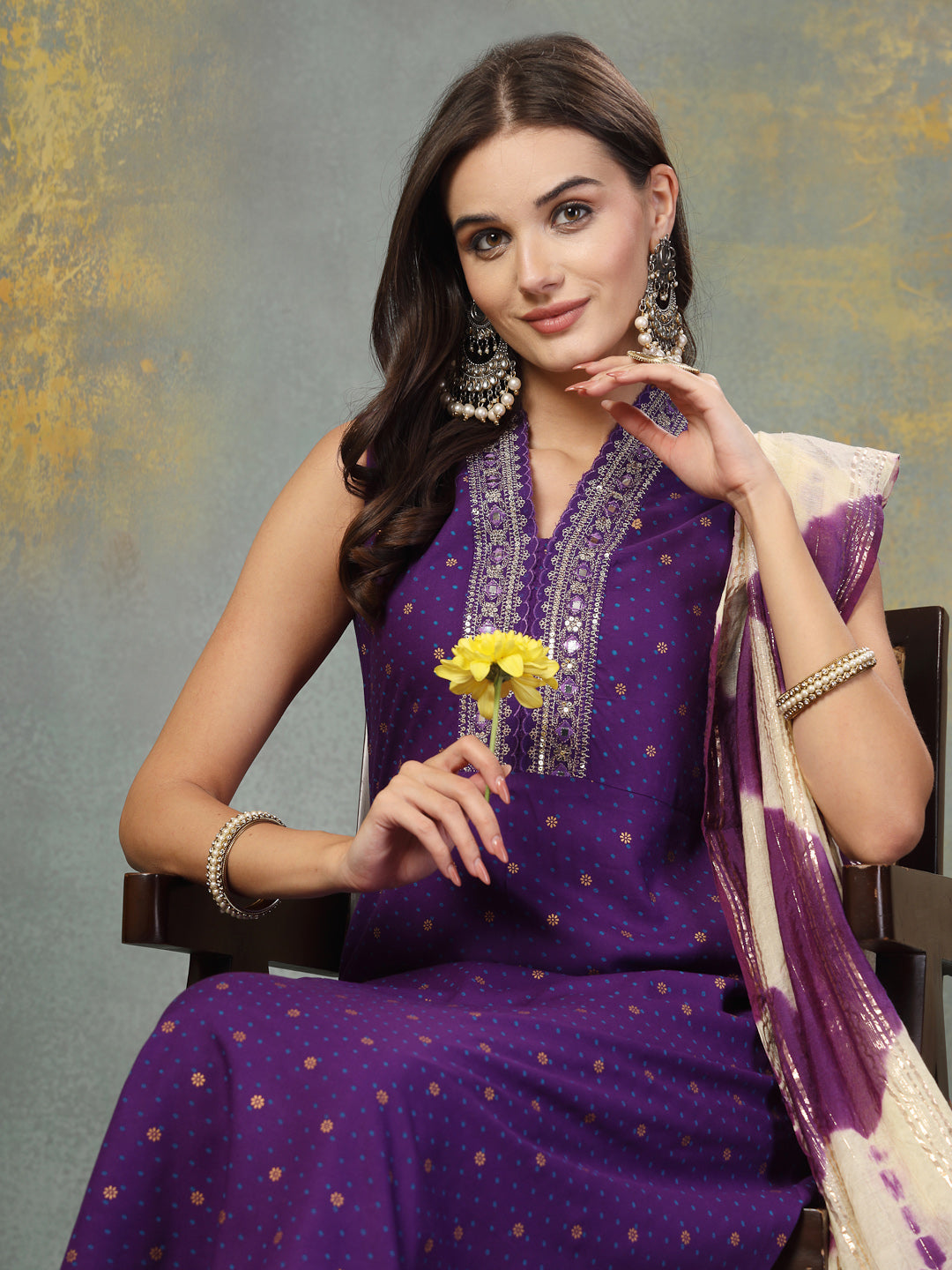 Violet Khari Printed & Embroidered Rayon A-Line Kurta Dupatta Set - Image 2