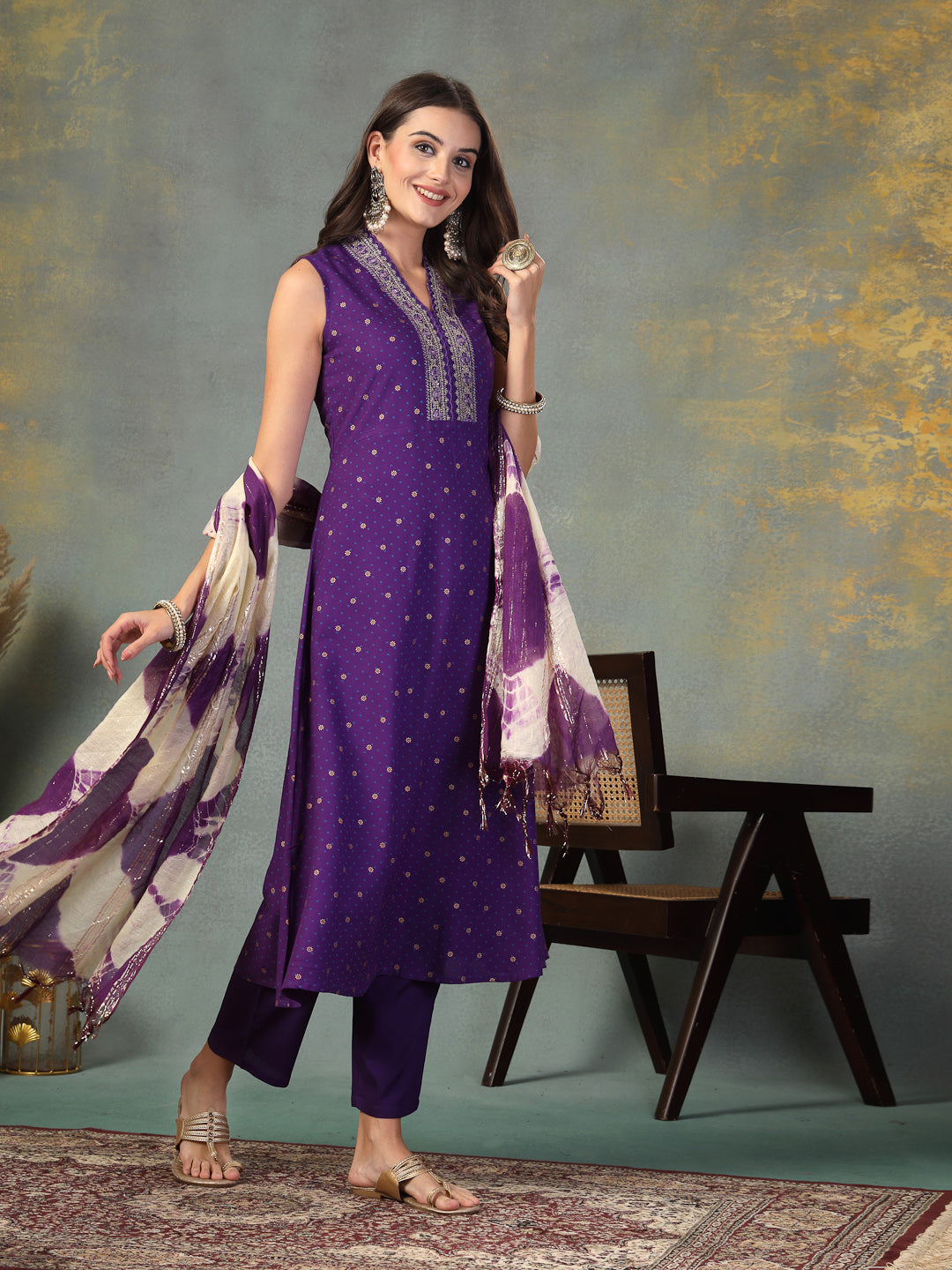 Violet Khari Printed & Embroidered Rayon A-Line Kurta Dupatta Set - Image 3