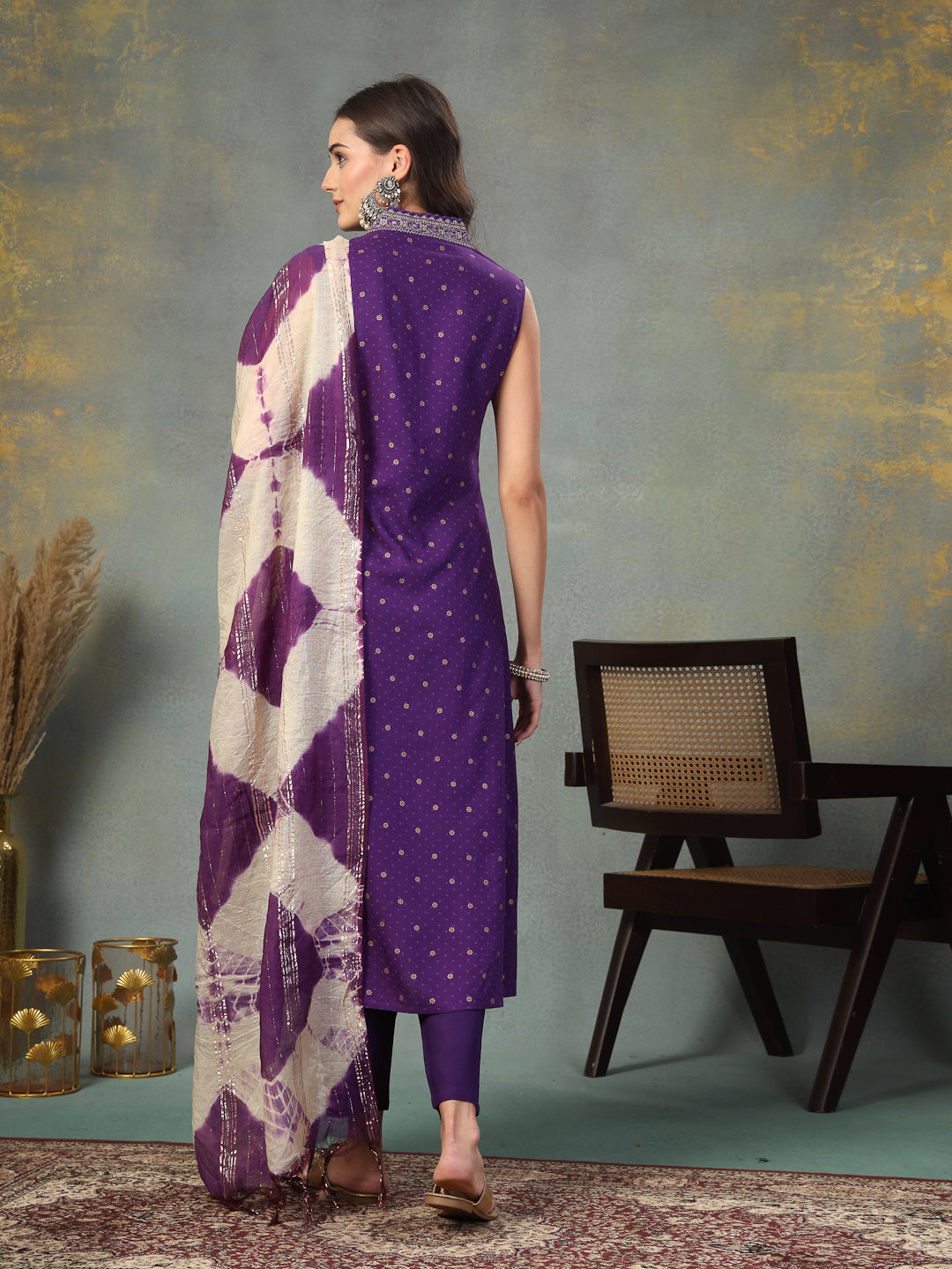 Violet Khari Printed & Embroidered Rayon A-Line Kurta Dupatta Set - Image 4