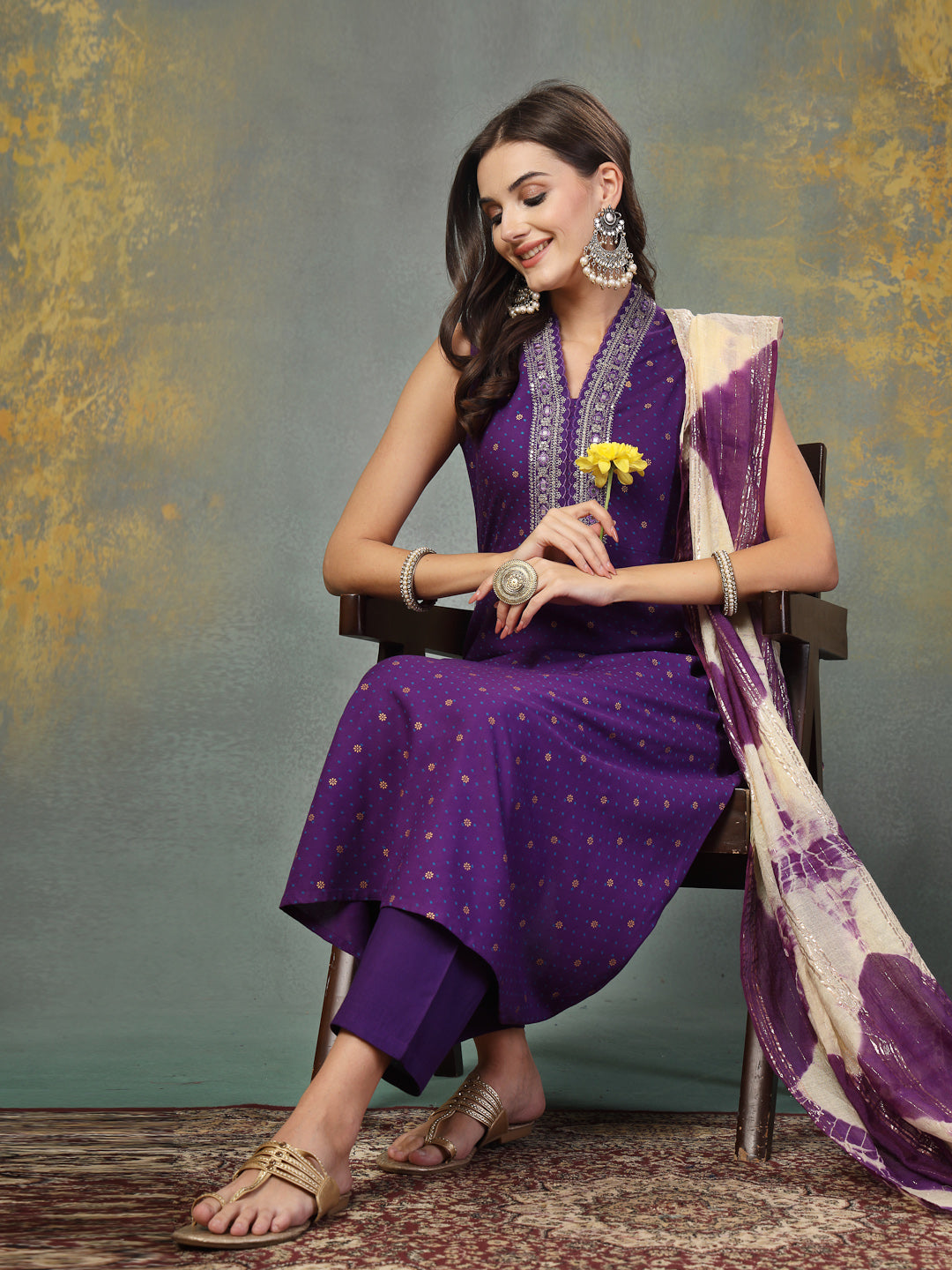 Violet Khari Printed & Embroidered Rayon A-Line Kurta Dupatta Set - Image 5
