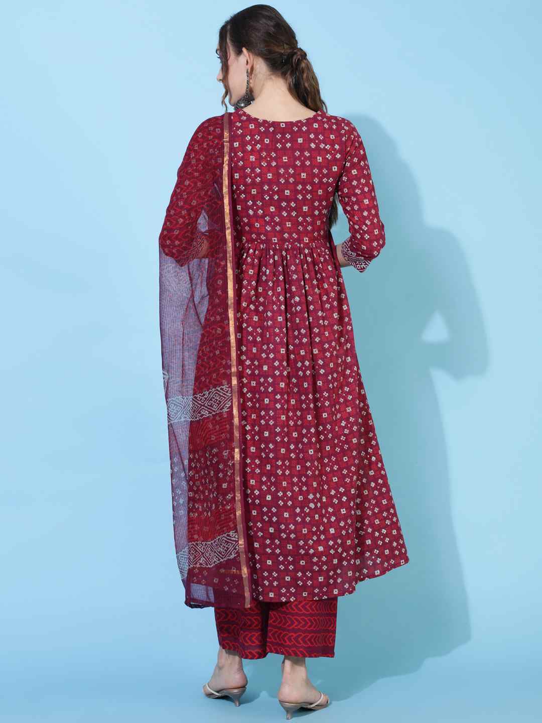 Cotton Calf Length Printed Semi-Flared 3/4 sleeves Round Neck Kurta Bottom Dupatta Set - Image 2