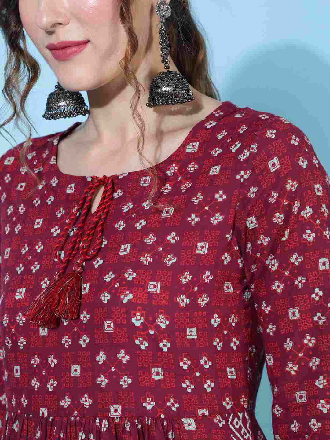 Cotton Calf Length Printed Semi-Flared 3/4 sleeves Round Neck Kurta Bottom Dupatta Set - Image 3