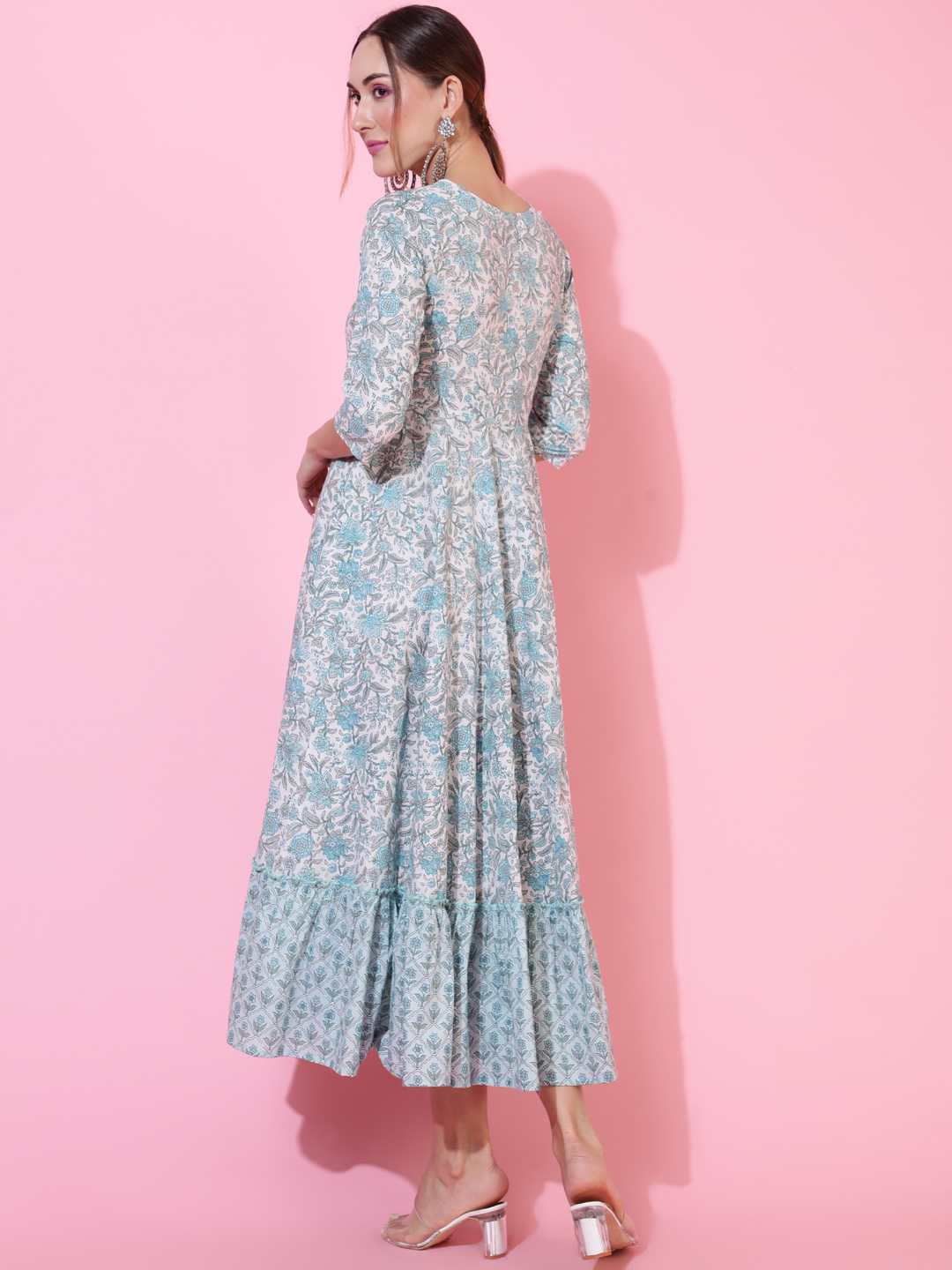 Cotton Calf Length Printed Flared 3/4 sleeves Round Neck Kurta - Image 2