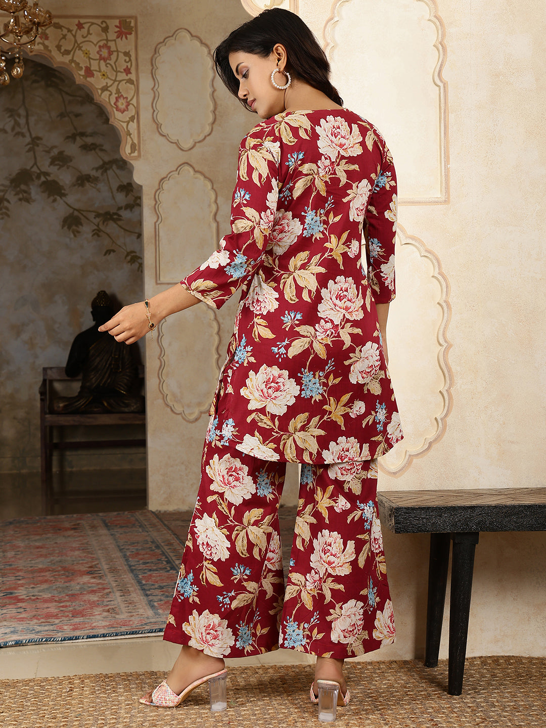Cotton Hip Length Printed Straight 3/4 Sleeves Round Neck Kurta Bottom Set - Image 3