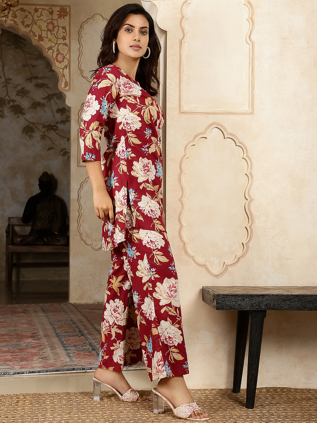Cotton Hip Length Printed Straight 3/4 Sleeves Round Neck Kurta Bottom Set - Image 4