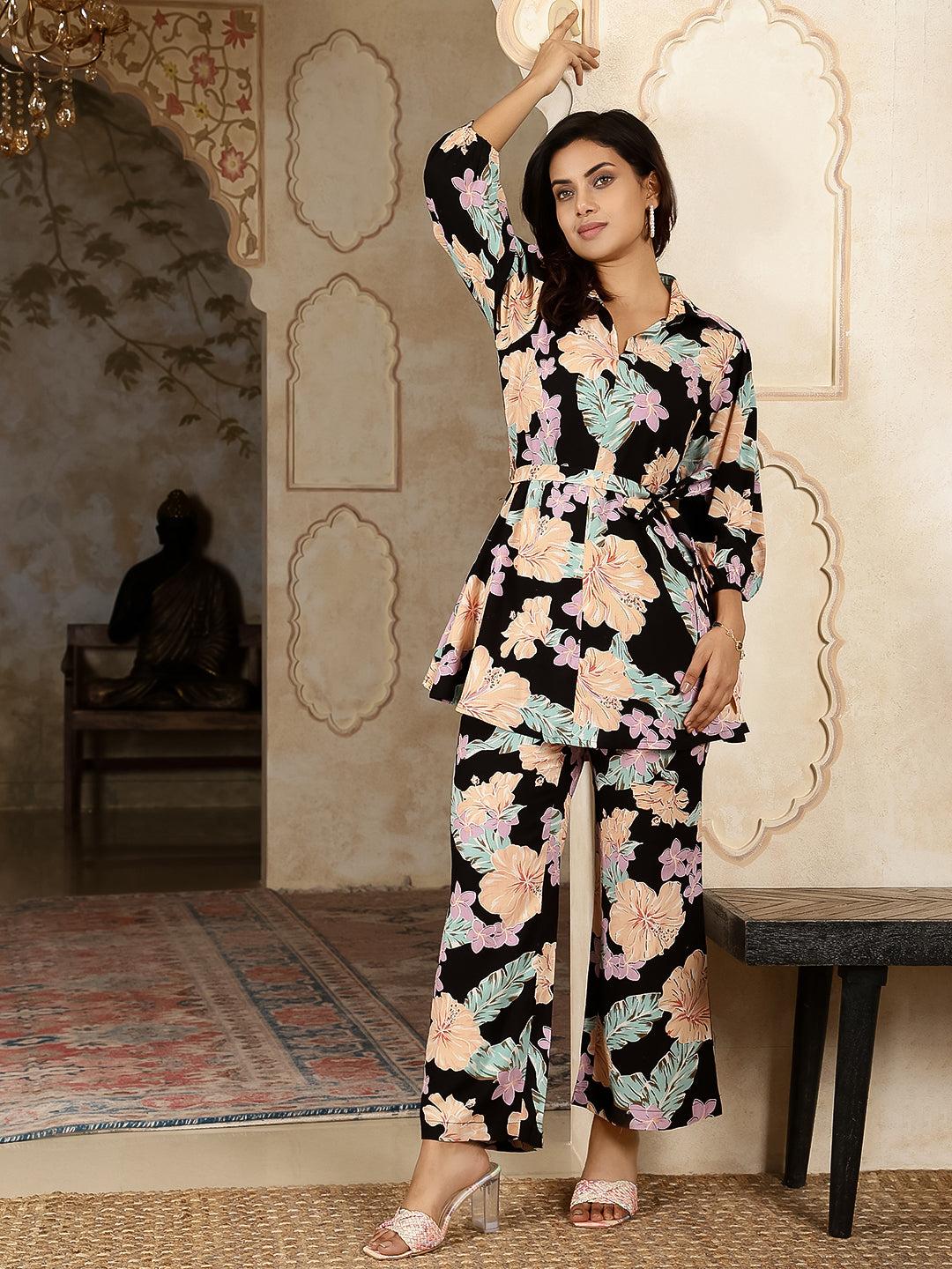 Cotton Hip Length Printed Straight 3/4 Sleeves Collar Neck Kurta Bottom Set - Image 2