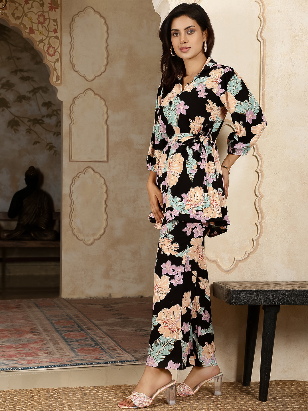 Cotton Hip Length Printed Straight 3/4 Sleeves Collar Neck Kurta Bottom Set - Image 3