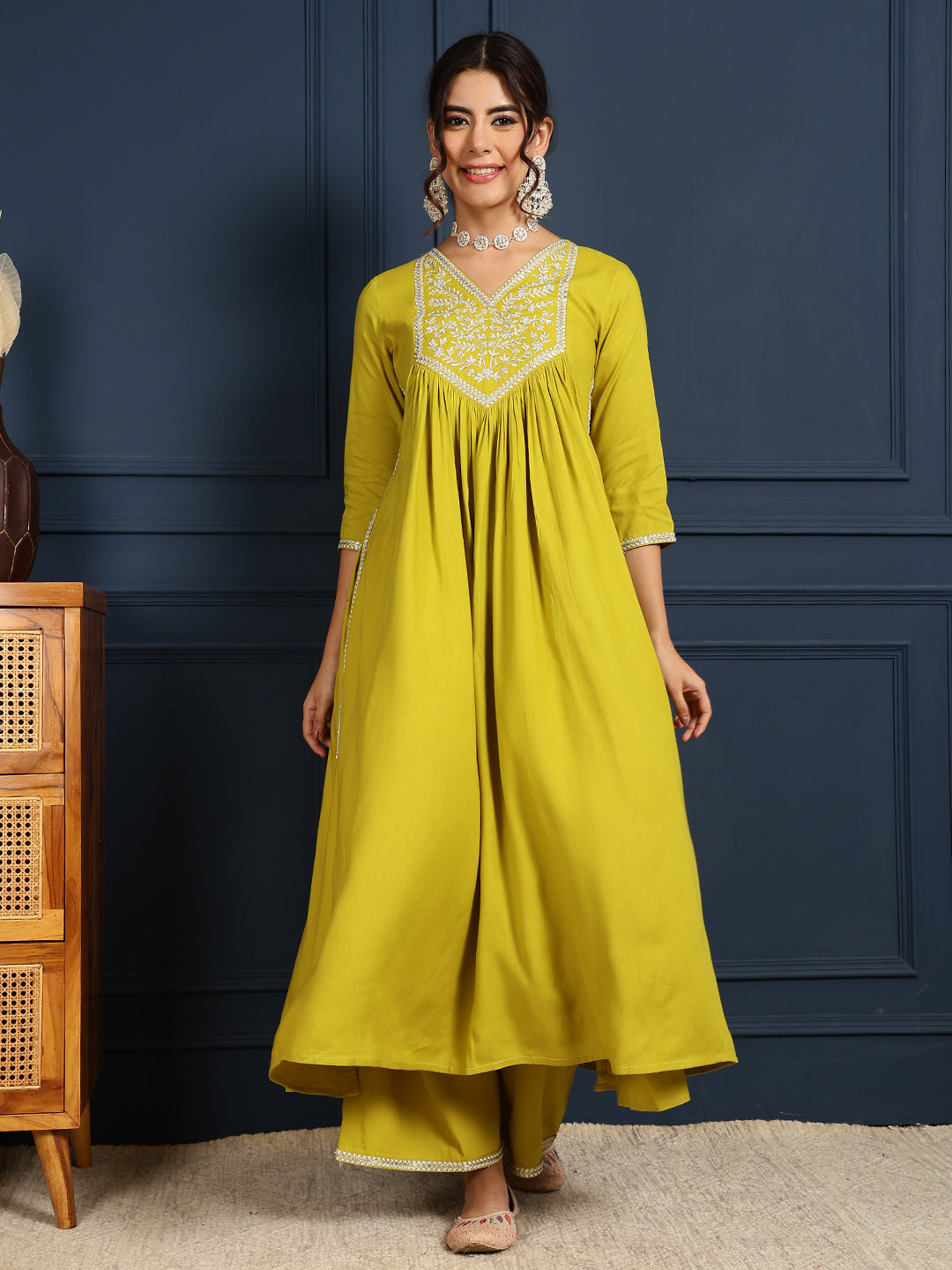 Rayon Calf Length Solid Flared 3/4 Sleeves V-Neck Kurta Bottom Dupatta Set - Image 4