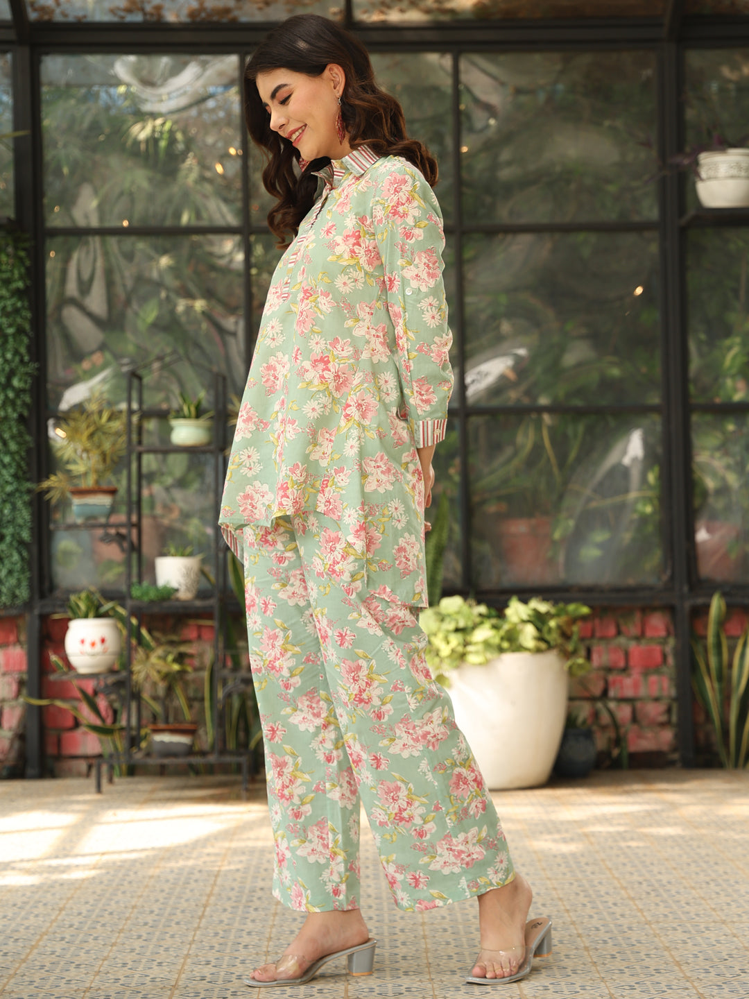 Cotton Hip Length Printed Straight 3/4 Sleeves Shirt Coller Co-Ord Set - Image 3