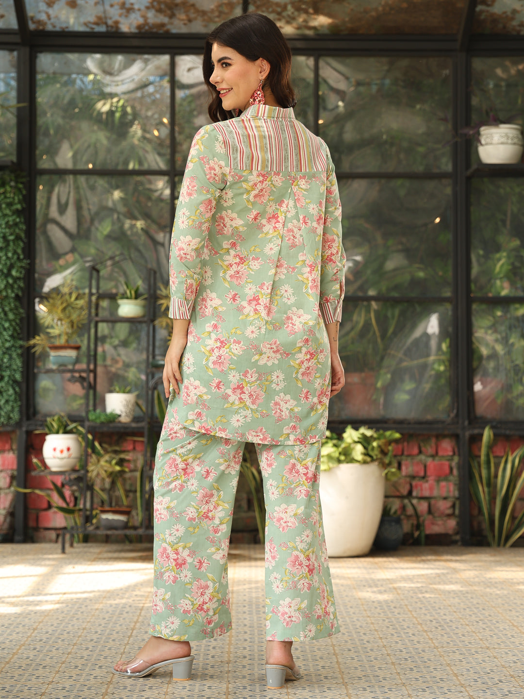 Cotton Hip Length Printed Straight 3/4 Sleeves Shirt Coller Co-Ord Set - Image 4