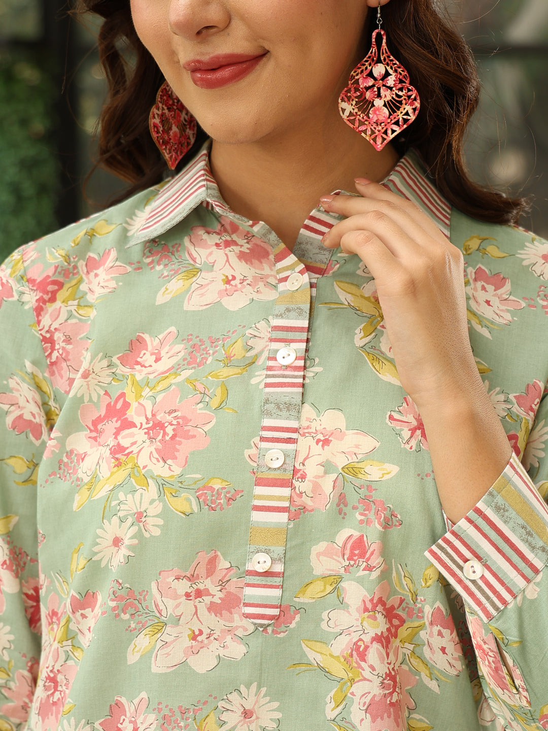 Cotton Hip Length Printed Straight 3/4 Sleeves Shirt Coller Co-Ord Set - Image 5