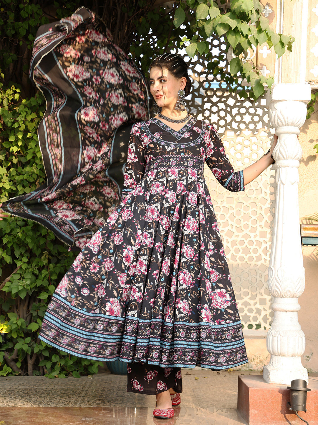 Cotton Calf Length Printed Flared 3/4 Sleeves V-Neck Kurta Suit Set With Dupatta - Image 2