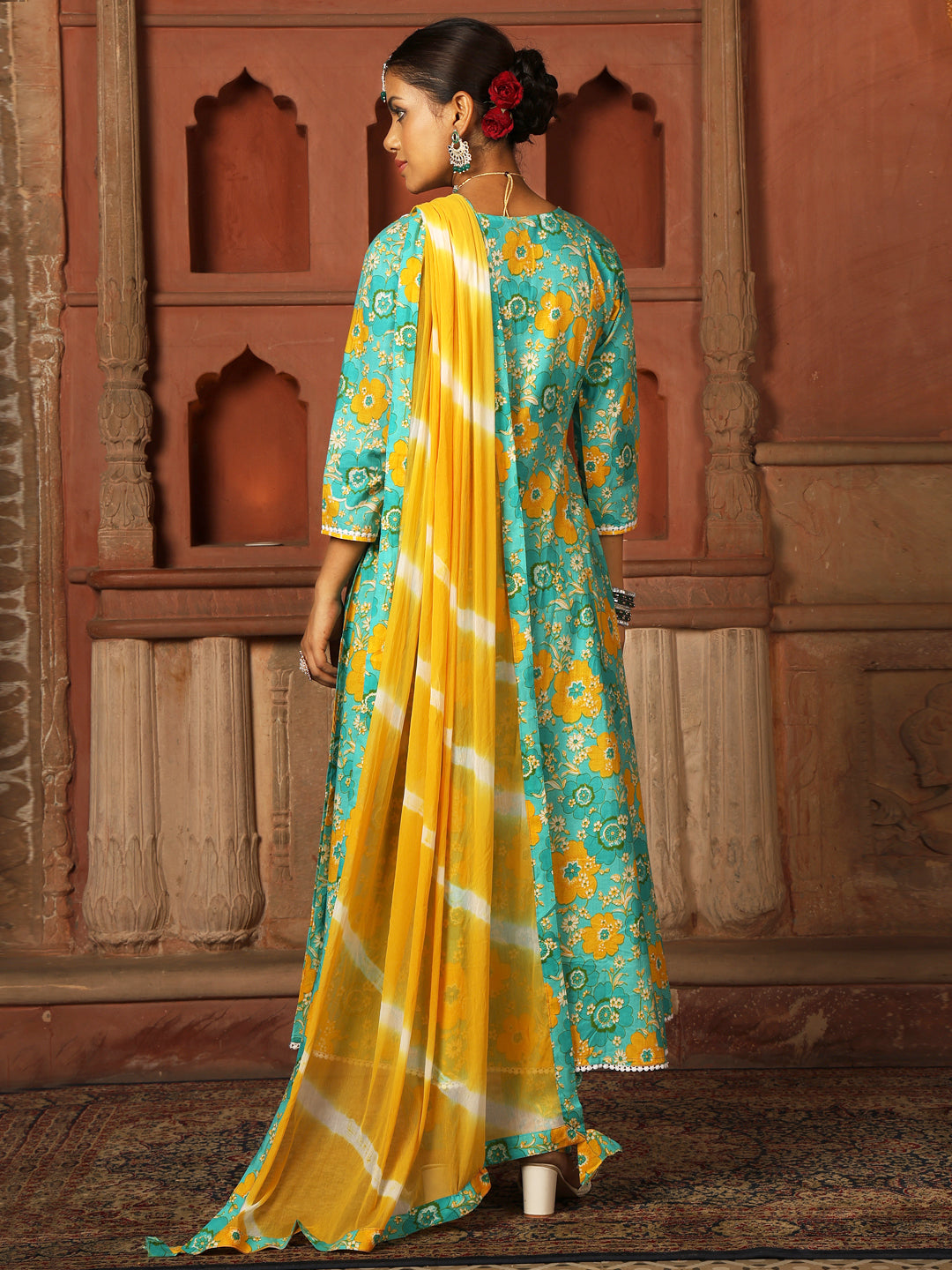 Cotton Calf Length Printed Flared 3/4 Sleeves V-Neck Kurta Suit Set With Dupatta - Image 5