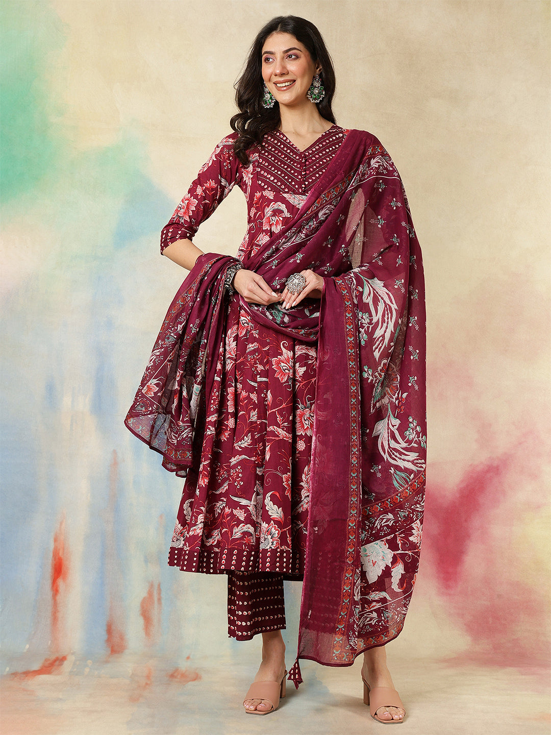 Cotton Calf Length Printed Flared 3/4 Sleeves V-Neck Kurta Suit Set With Dupatta - Image 2
