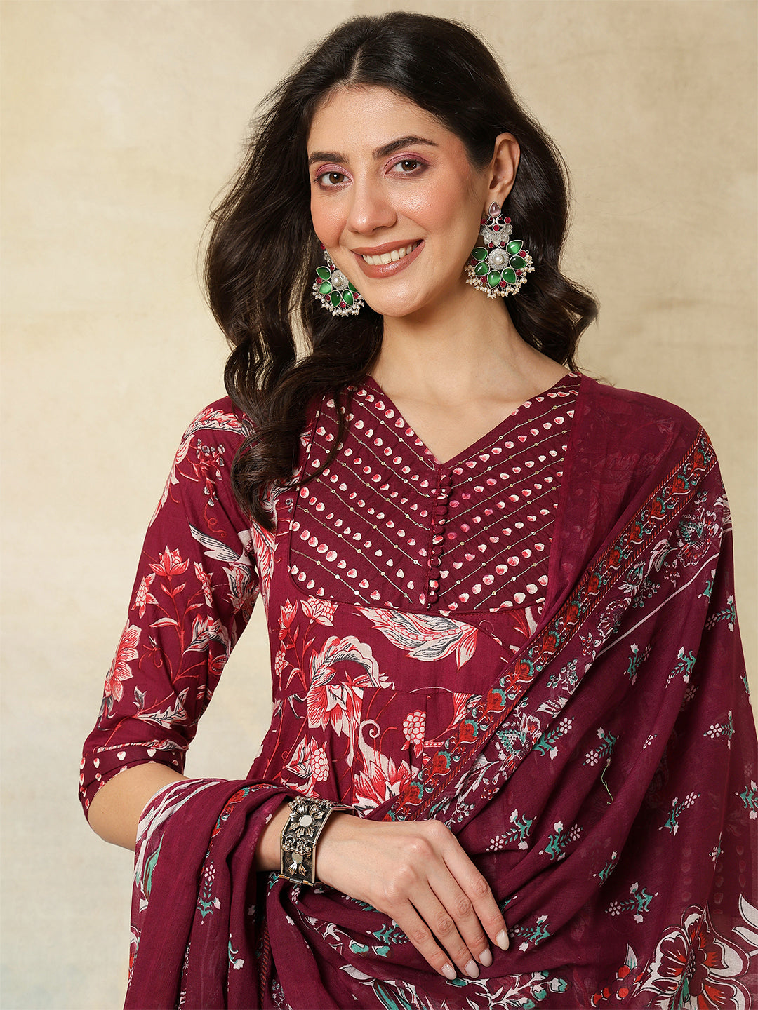 Cotton Calf Length Printed Flared 3/4 Sleeves V-Neck Kurta Suit Set With Dupatta - Image 3