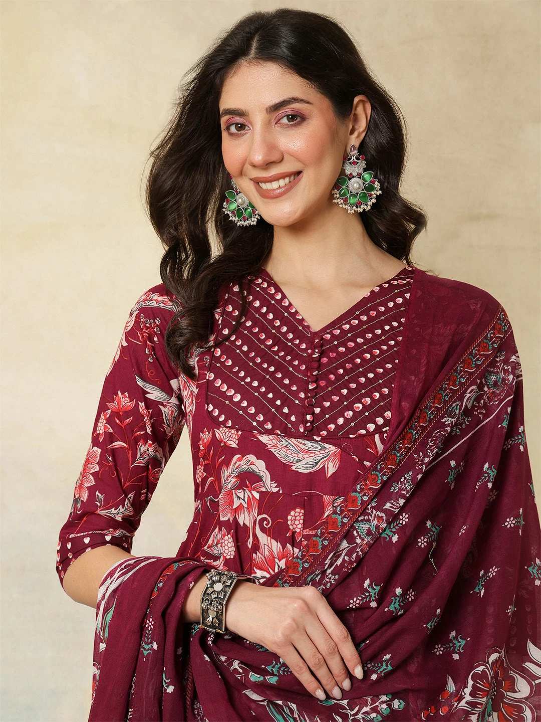 Cotton Calf Length Printed Flared 3/4 Sleeves V-Neck Kurta Suit Set With Dupatta - Image 3
