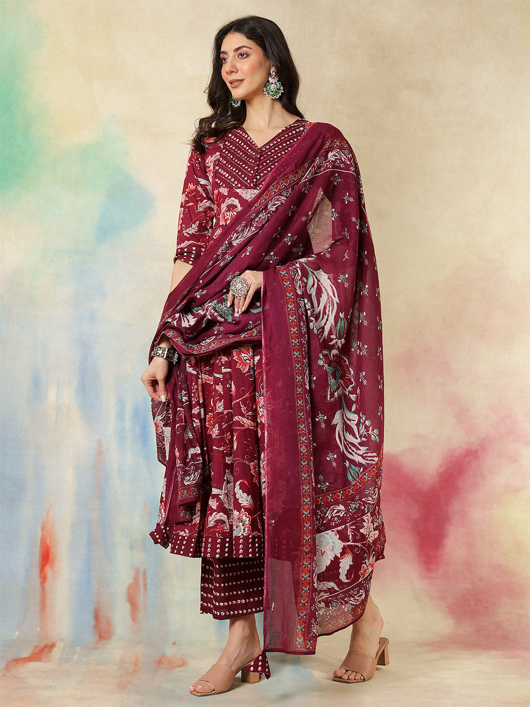 Cotton Calf Length Printed Flared 3/4 Sleeves V-Neck Kurta Suit Set With Dupatta - Image 4