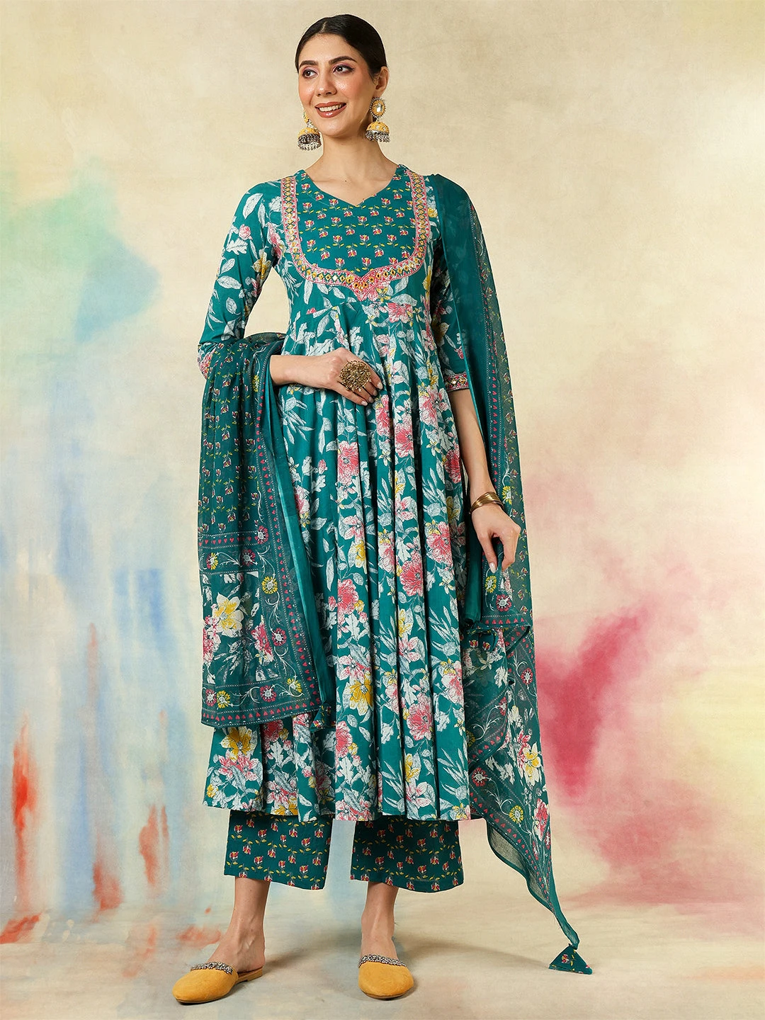 Cotton Calf Length Printed & Embroidered Flared 3/4 Sleeves Sweet Heart Neck Kurta Suit Set With Dupatta - Image 3