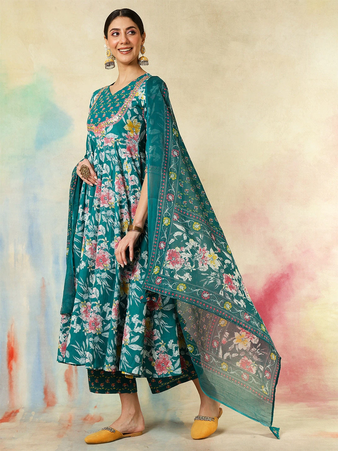 Cotton Calf Length Printed & Embroidered Flared 3/4 Sleeves Sweet Heart Neck Kurta Suit Set With Dupatta - Image 4