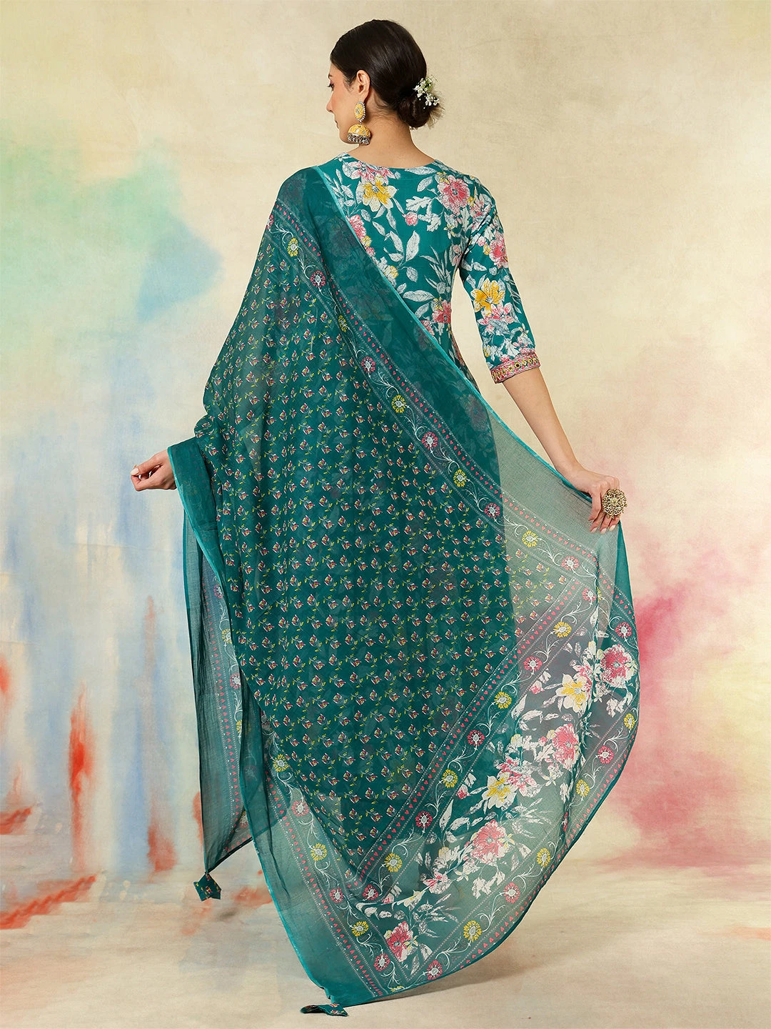 Cotton Calf Length Printed & Embroidered Flared 3/4 Sleeves Sweet Heart Neck Kurta Suit Set With Dupatta - Image 5