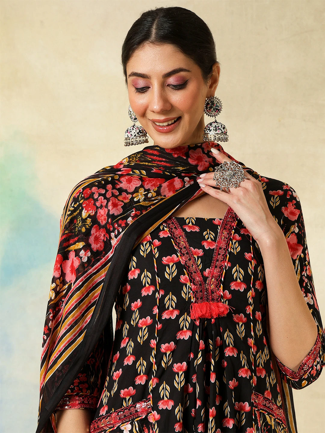 Cotton Calf Length Embroidered Printed A-Line3/4 Sleeves V-Neck Kurta Suit Set With Dupatta - Image 2