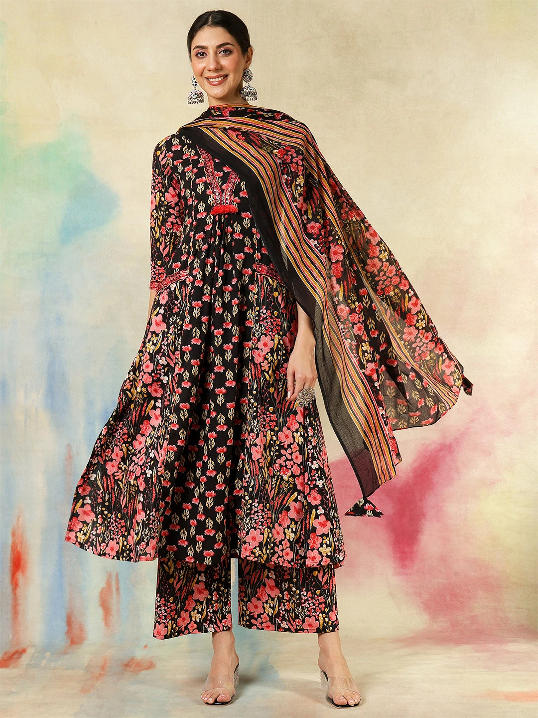 Cotton Calf Length Embroidered Printed A-Line3/4 Sleeves V-Neck Kurta Suit Set With Dupatta - Image 3