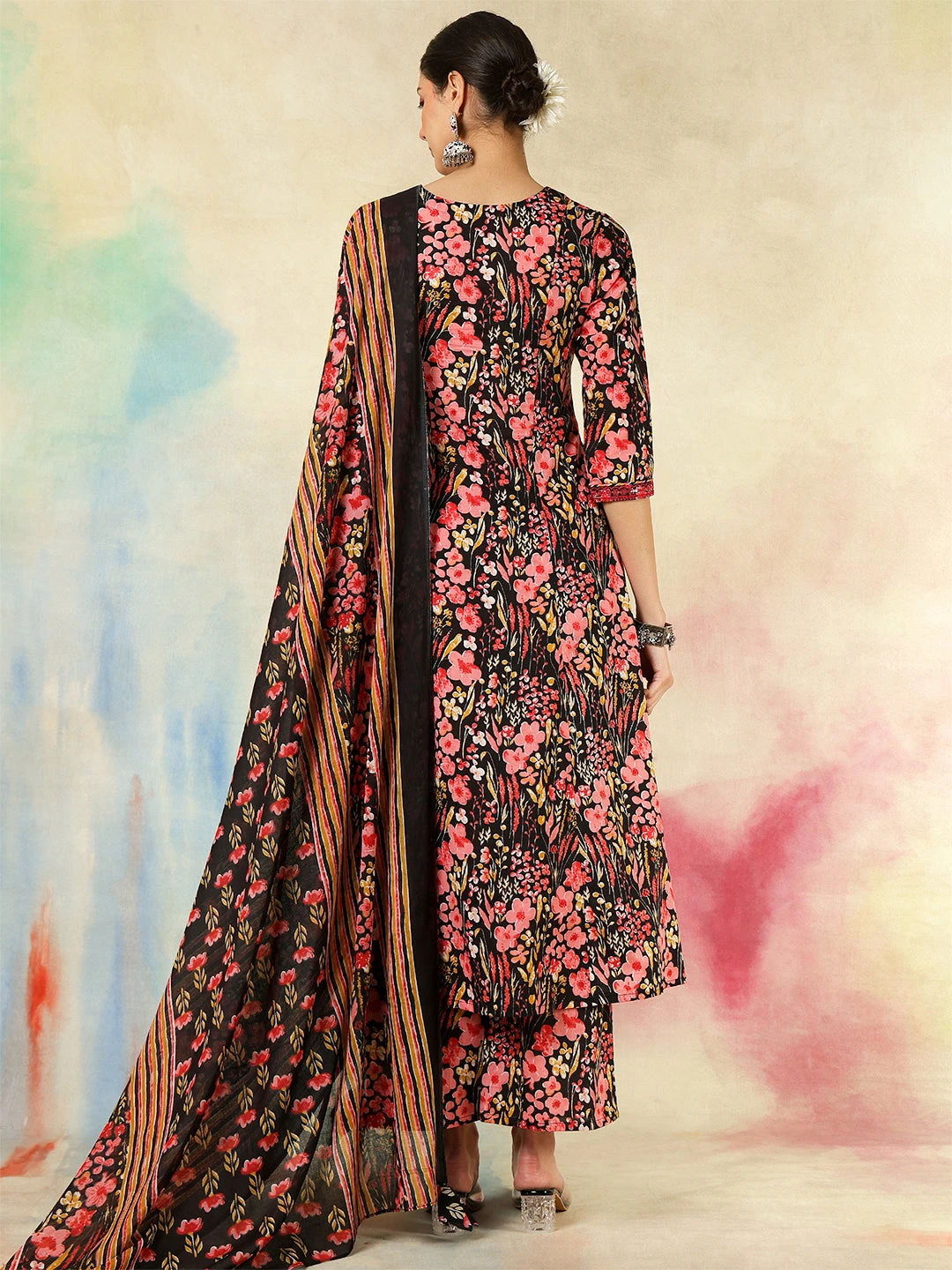 Cotton Calf Length Embroidered Printed A-Line3/4 Sleeves V-Neck Kurta Suit Set With Dupatta - Image 4