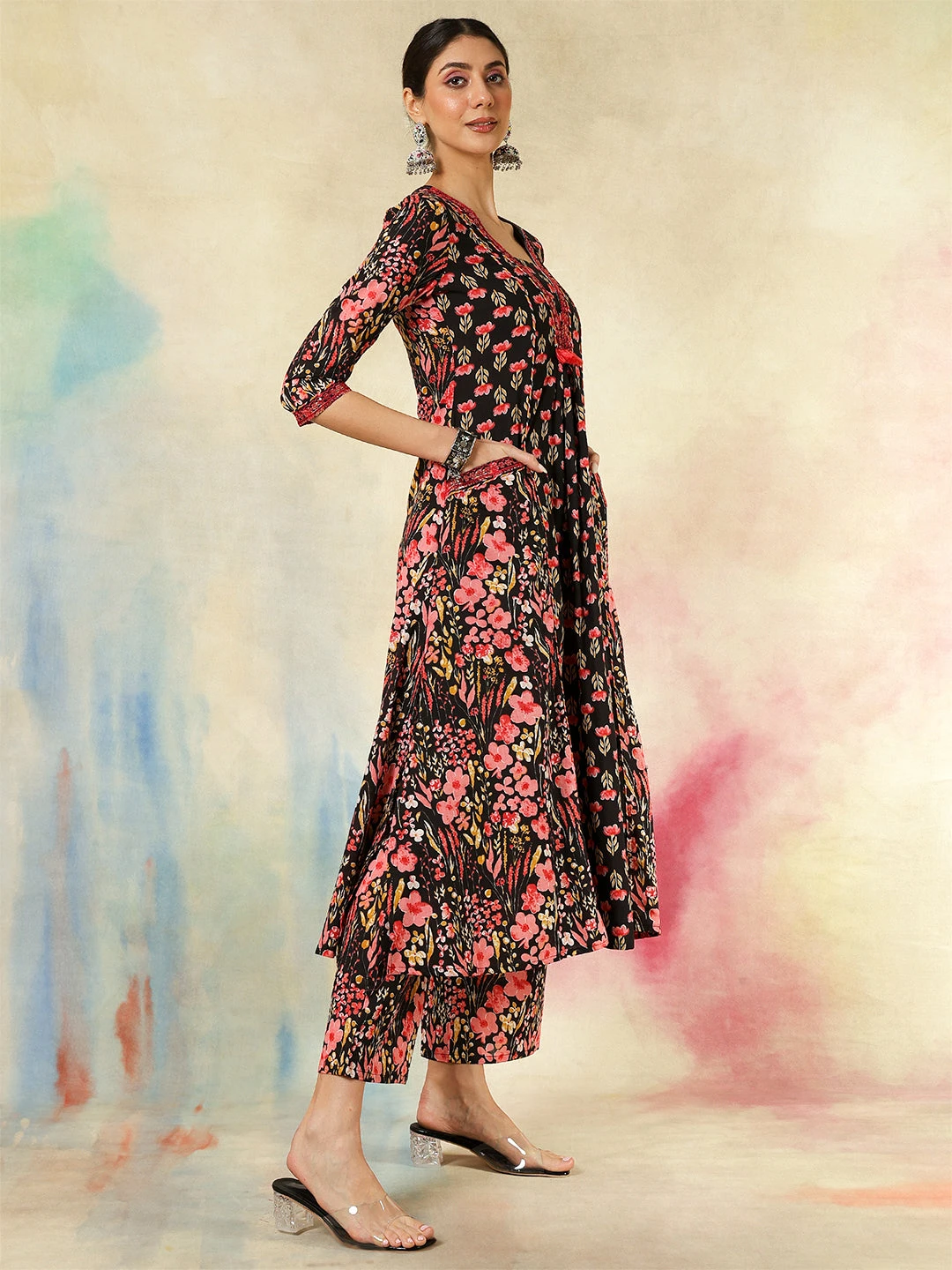 Cotton Calf Length Embroidered Printed A-Line3/4 Sleeves V-Neck Kurta Suit Set With Dupatta - Image 5