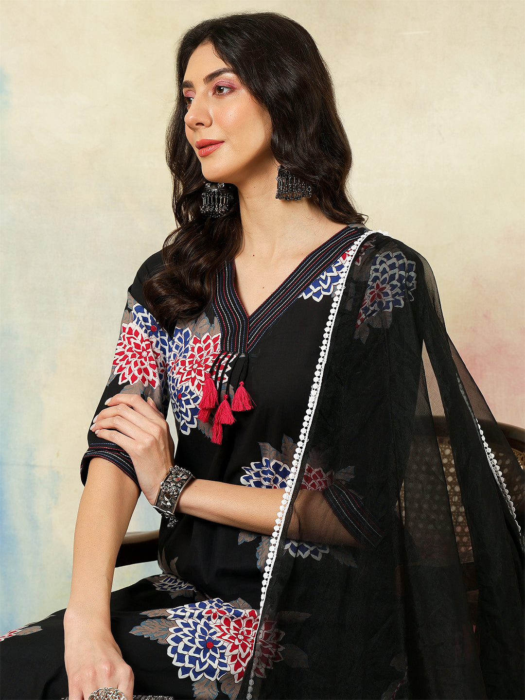 Rayon Calf Length Printed A-Line3/4 Sleeves V-Neck Kurta Suit Set With Dupatta - Image 2