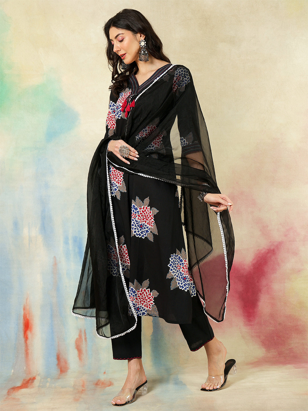 Rayon Calf Length Printed A-Line3/4 Sleeves V-Neck Kurta Suit Set With Dupatta - Image 4