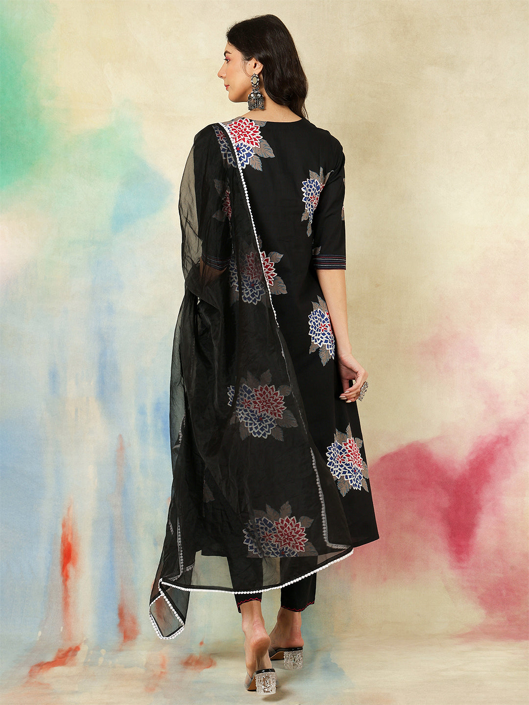 Rayon Calf Length Printed A-Line3/4 Sleeves V-Neck Kurta Suit Set With Dupatta - Image 5