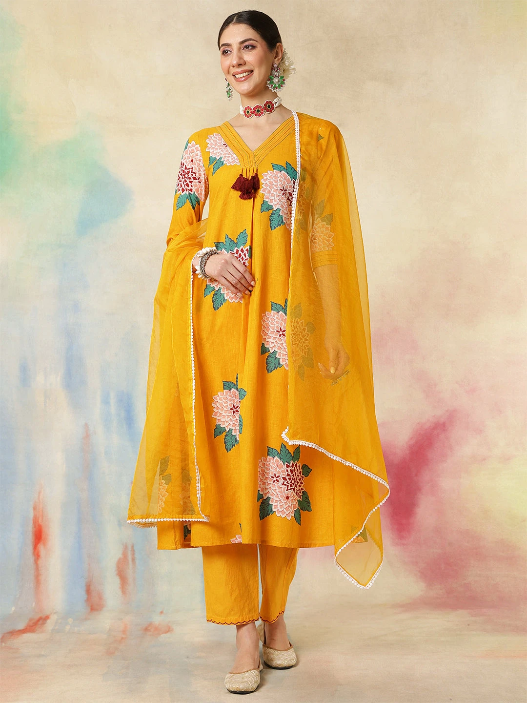 Rayon Calf Length Printed A-Line3/4 Sleeves V-Neck Kurta Suit Set With Dupatta - Image 2